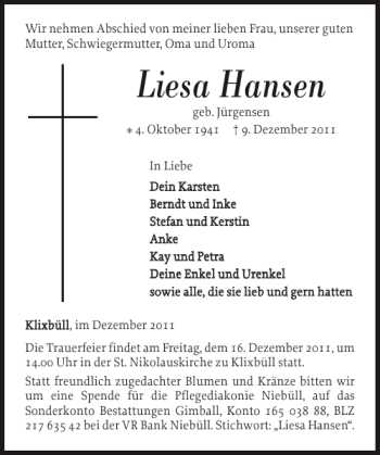 Traueranzeige von Liesa Hansen von Nordfriesland Tageblatt