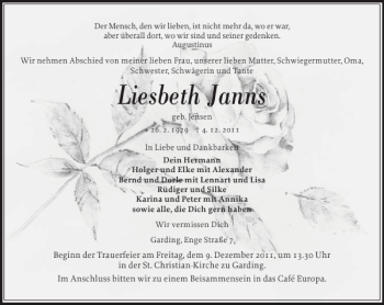 Traueranzeige von Liesbeth Janns von Husumer Nachrichten