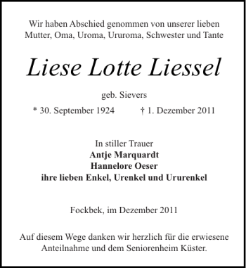 Traueranzeige von Liese Lotte Liessel von Landeszeitung