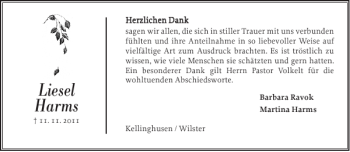Traueranzeige von Liesel Harms von Norddeutsche Rundschau