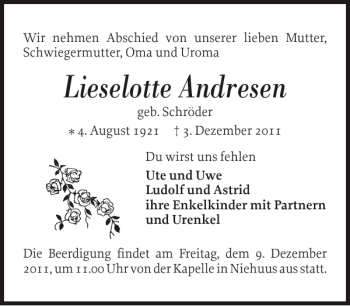 Traueranzeige von Lieselotte Andresen von Flensburger Tageblatt