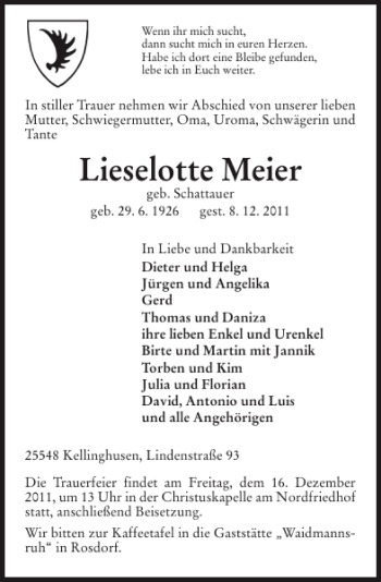 Traueranzeige von Lieselotte Meier von Norddeutsche Rundschau