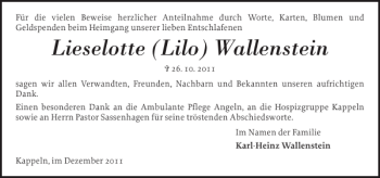 Traueranzeige von Lieselotte Lilo Wallenstein von Schlei-Bote
