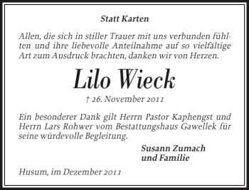 Traueranzeige von Lilo Wieck von Husumer Nachrichten