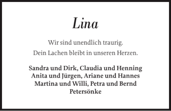 Traueranzeige von Lina  von Flensburger Tageblatt
