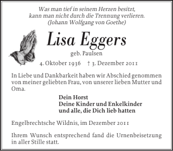 Traueranzeige von Lisa Eggers von Norddeutsche Rundschau