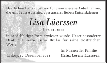 Traueranzeige von Lisa Lüerssen von Norddeutsche Rundschau