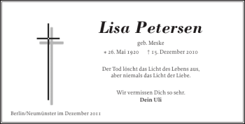 Traueranzeige von Lisa Petersen von Holsteinischer Courier