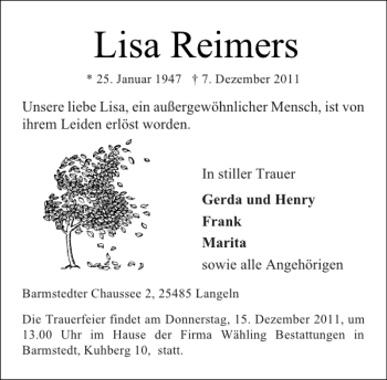 Traueranzeige von Lisa Reimers von Barmstedter Zeitung
