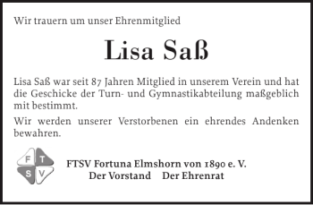 Traueranzeige von Lisa Saß von Elmshorner Nachrichten