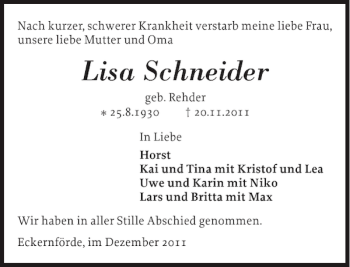 Traueranzeige von Lisa Schneider von Eckernförder Zeitung