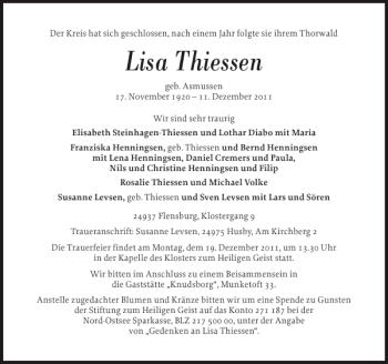 Traueranzeige von Lisa Thiessen von Flensburger Tageblatt