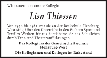 Traueranzeige von Lisa Thiessen von Flensburger Tageblatt