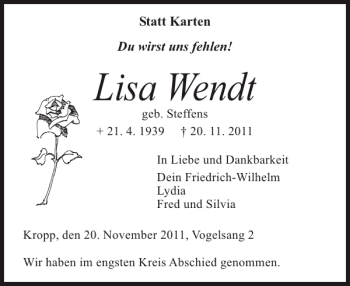 Traueranzeige von Lisa Wendt von Landeszeitung