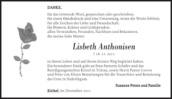 Traueranzeige von Lisbeth Anthonisen von Nordfriesland Tageblatt