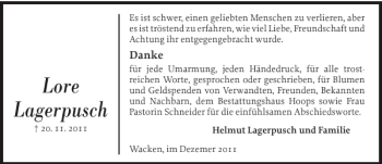 Traueranzeige von Lore Lagerpusch von Norddeutsche Rundschau