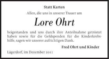 Traueranzeige von Lore Ohrt von Norddeutsche Rundschau