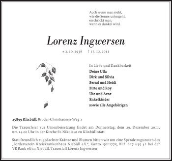 Traueranzeige von Lorenz Ingwersen von Flensburger Tageblatt