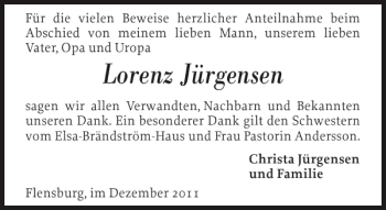 Traueranzeige von Lorenz Jürgensen von Flensburger Tageblatt