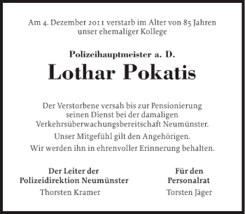 Traueranzeige von Lothar Pokatis von Holsteinischer Courier