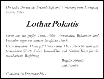 Traueranzeige von LotharPokatis  von Holsteinischer Courier