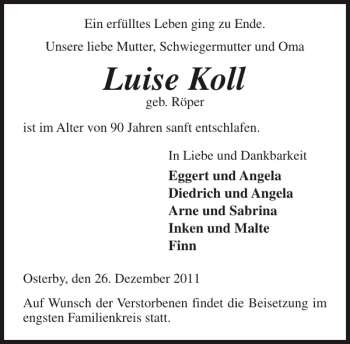 Traueranzeige von Luise Koll von Eckernförder Zeitung