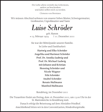 Traueranzeige von Luise Schröder von Landeszeitung