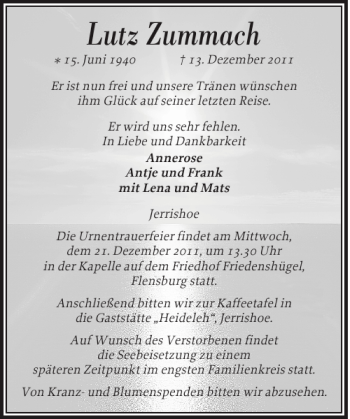 Traueranzeige von Lutz Zummach von Flensburger Tageblatt