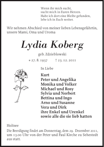Traueranzeige von Lydia Koberg von Eckernförder Zeitung