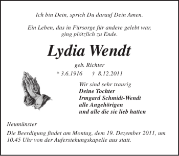 Traueranzeige von Lydia Wendt von Holsteinischer Courier