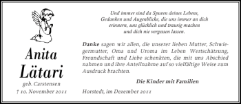 Traueranzeige von Lätari  von Husumer Nachrichten