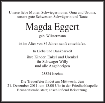 Traueranzeige von Magda Eggert von Norddeutsche Rundschau