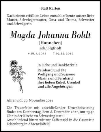 Traueranzeige von Magda Johanna Boldt von Husumer Nachrichten