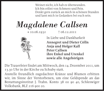 Traueranzeige von Magdalene Callsen von Schleswiger Nachrichten