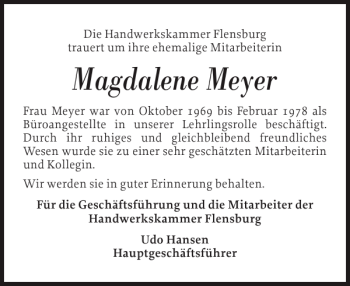 Traueranzeige von Magdalene Meyer von Flensburger Tageblatt