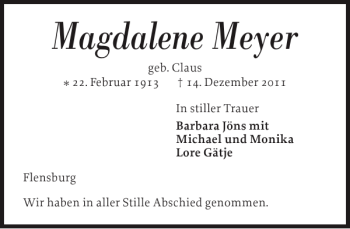 Traueranzeige von Magdalene Meyer von Flensburger Tageblatt