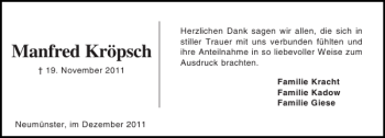 Traueranzeige von Manfred Kröpsch von Holsteinischer Courier