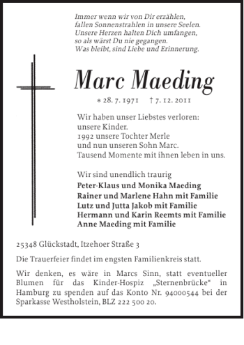 Traueranzeige von Marc Maeding von Norddeutsche Rundschau