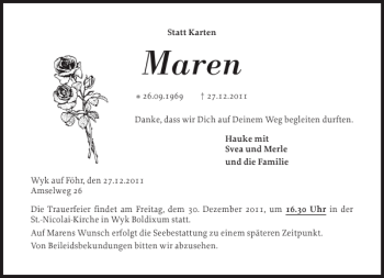 Traueranzeige von Maren  von Der Insel-Bote