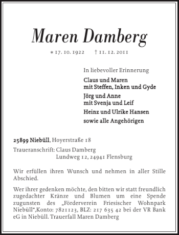 Traueranzeige von Maren Damberg von Nordfriesland Tageblatt