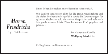 Traueranzeige von Maren Friedrichs von Norddeutsche Rundschau