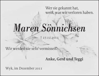 Traueranzeige von Maren Sönnichsen von Der Insel-Bote