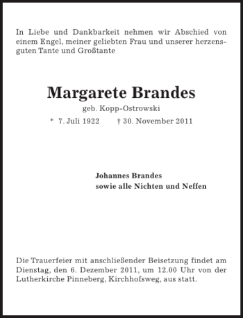 Traueranzeige von Margarete Brandes von Pinneberger Tageblatt