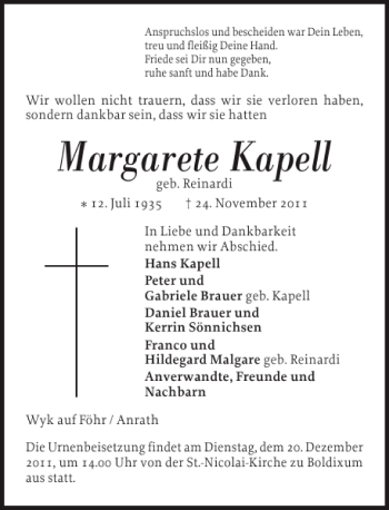 Traueranzeige von Margarete Kapell von Der Insel-Bote