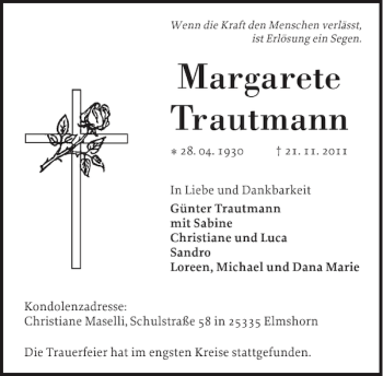 Traueranzeige von Margarete Trautmann von Elmshorner Nachrichten