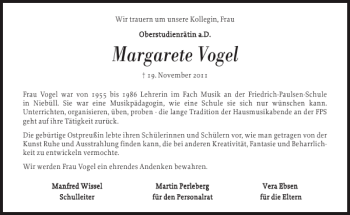 Traueranzeige von Margarete Vogel von Nordfriesland Tageblatt