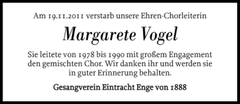 Traueranzeige von Margarete Vogel von Nordfriesland Tageblatt