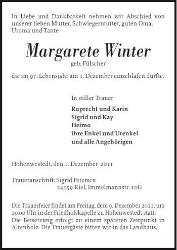 Traueranzeige von Margarete Winter von Norddeutsche Rundschau