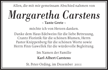 Traueranzeige von Margaretha Carstens von Husumer Nachrichten