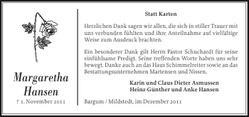 Traueranzeige von Margaretha Hansen von Husumer Nachrichten